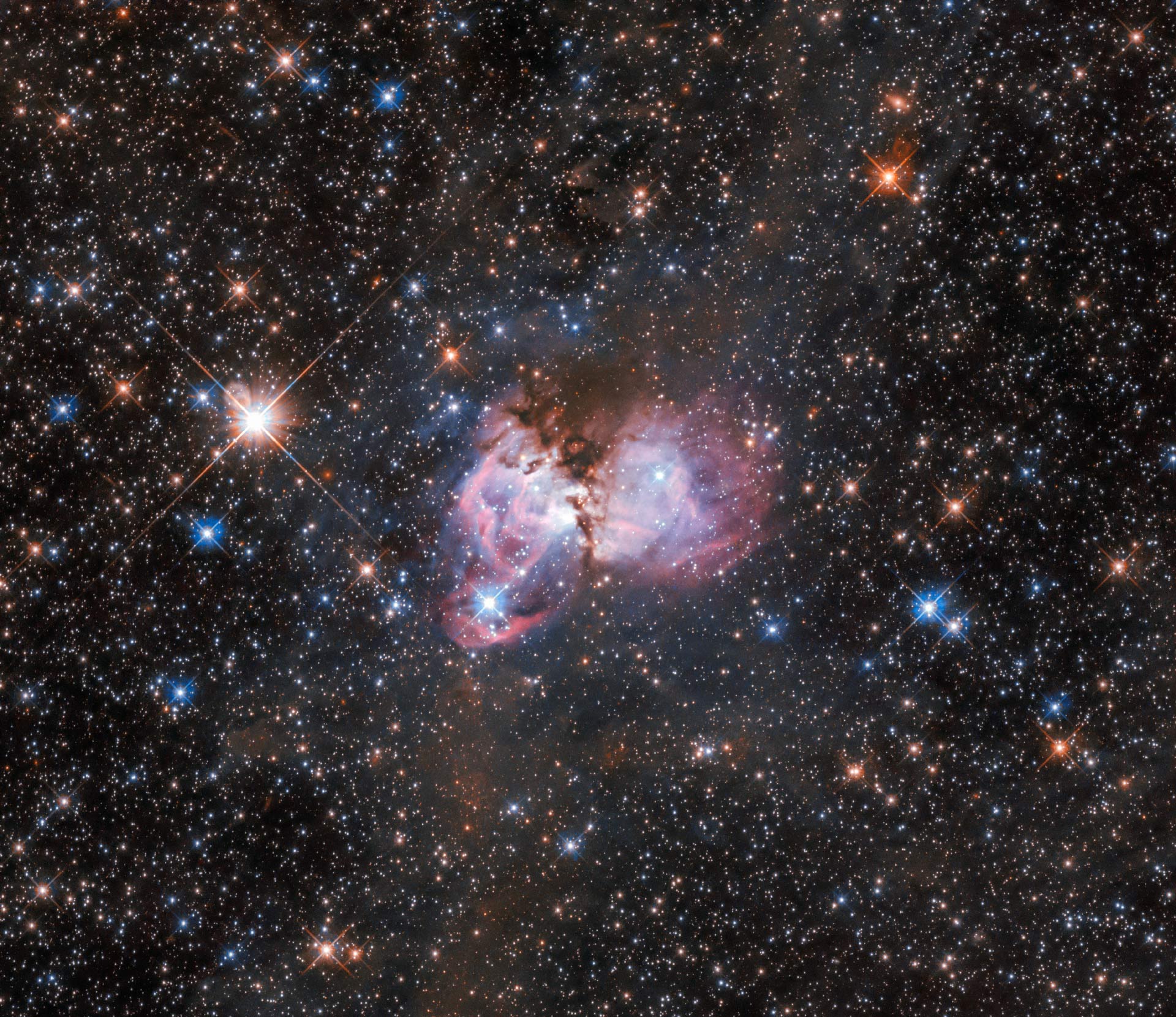 Bright nebula with pink and blue gas clouds